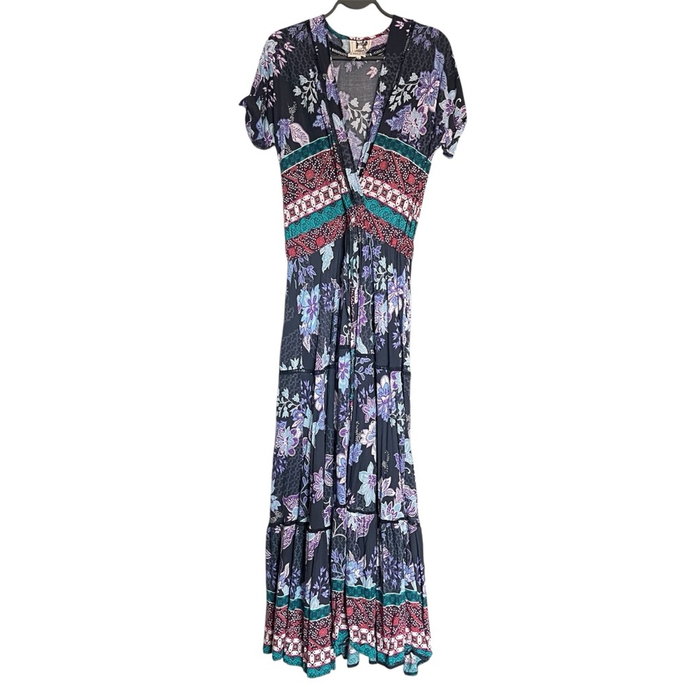 Jaase Deep V Neck Short Sleeve Floral Maxi Dress sz M